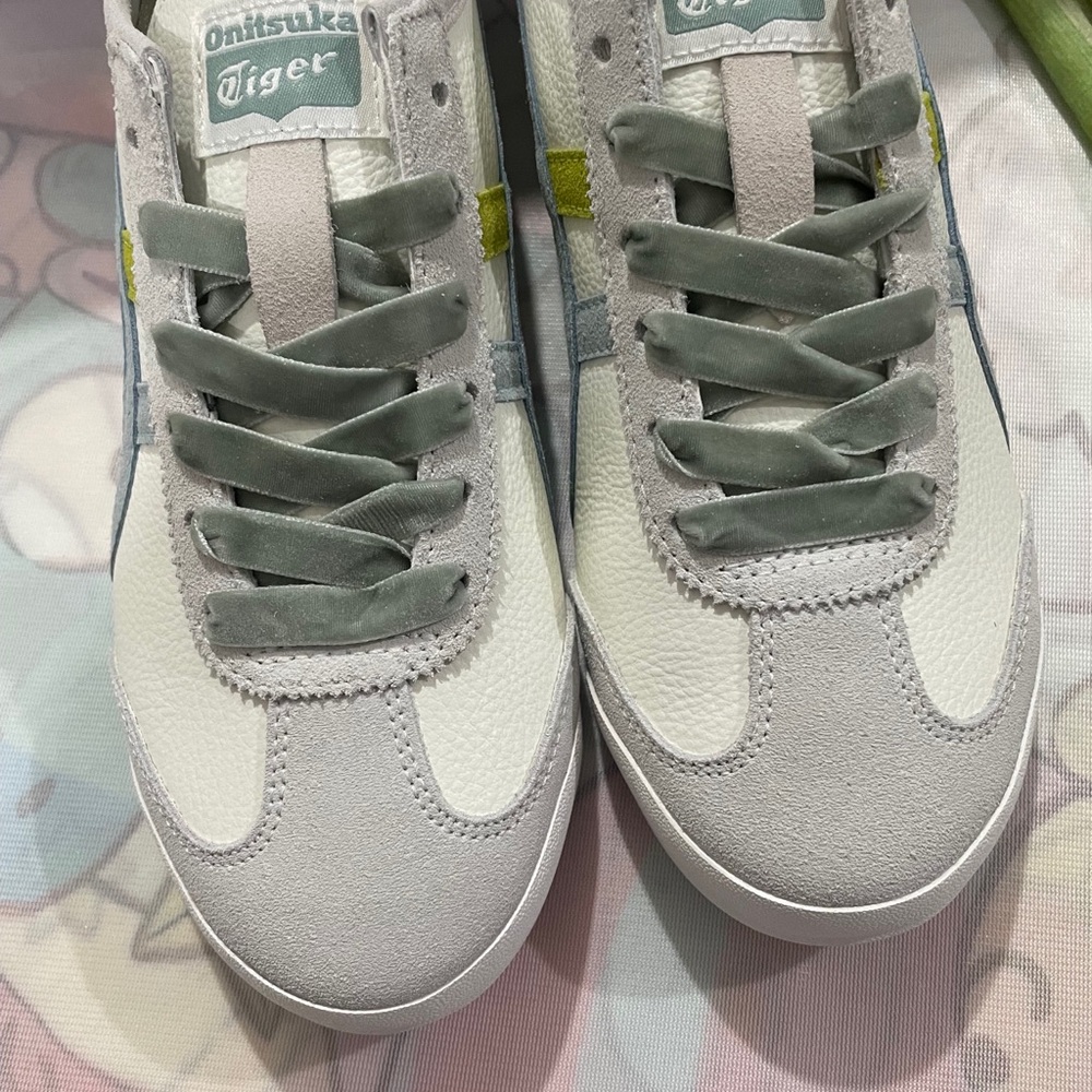 Onitsuka Tiger by Asics White with Light Gray and Lime Accent Sneakers - Picture 7 of 10